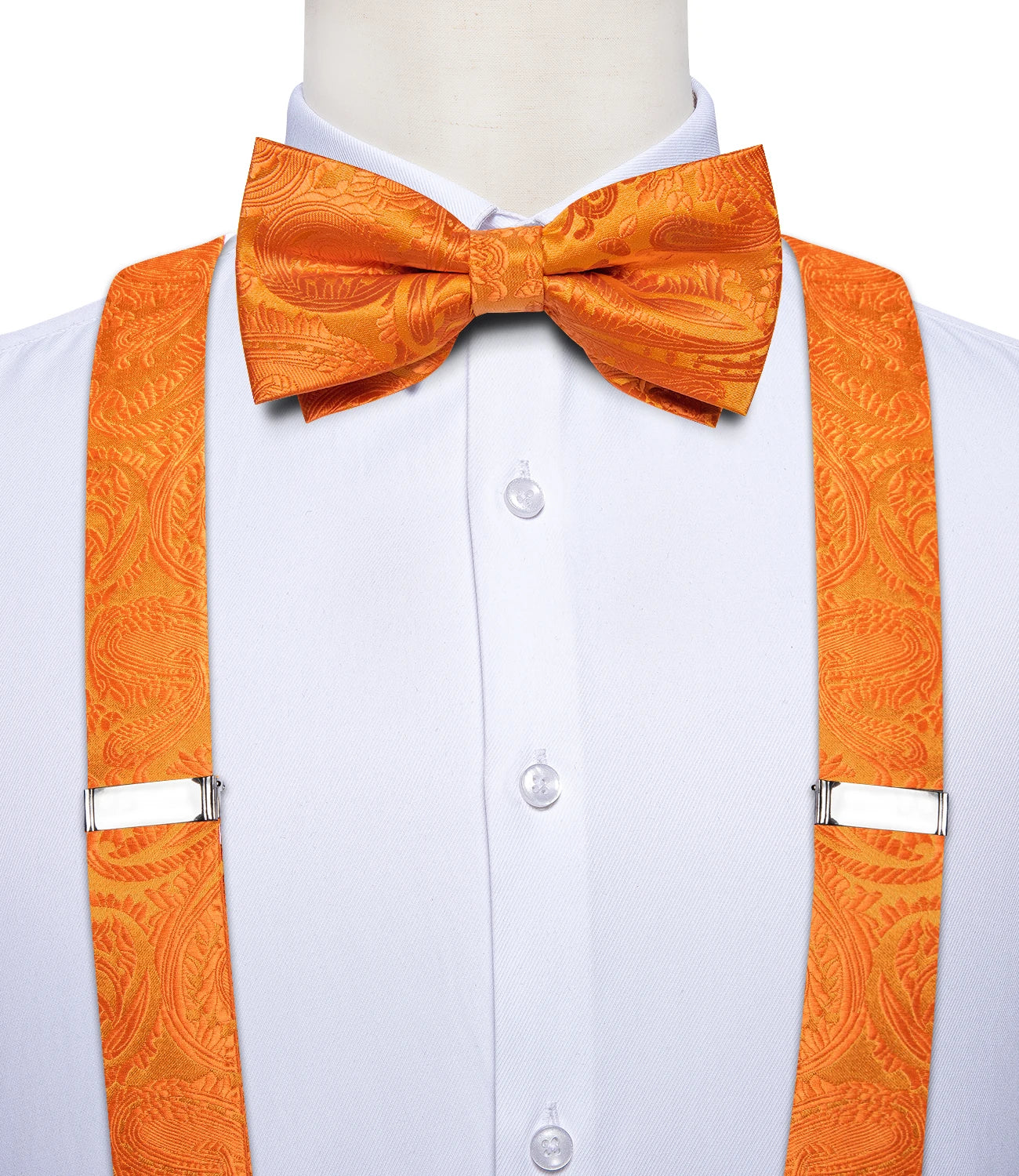 Fashion Men's Adjustable Suspenders Orange Paisley Pre-tied Bowtie Pocket Square Cufflinks Set for Wedding Party Business