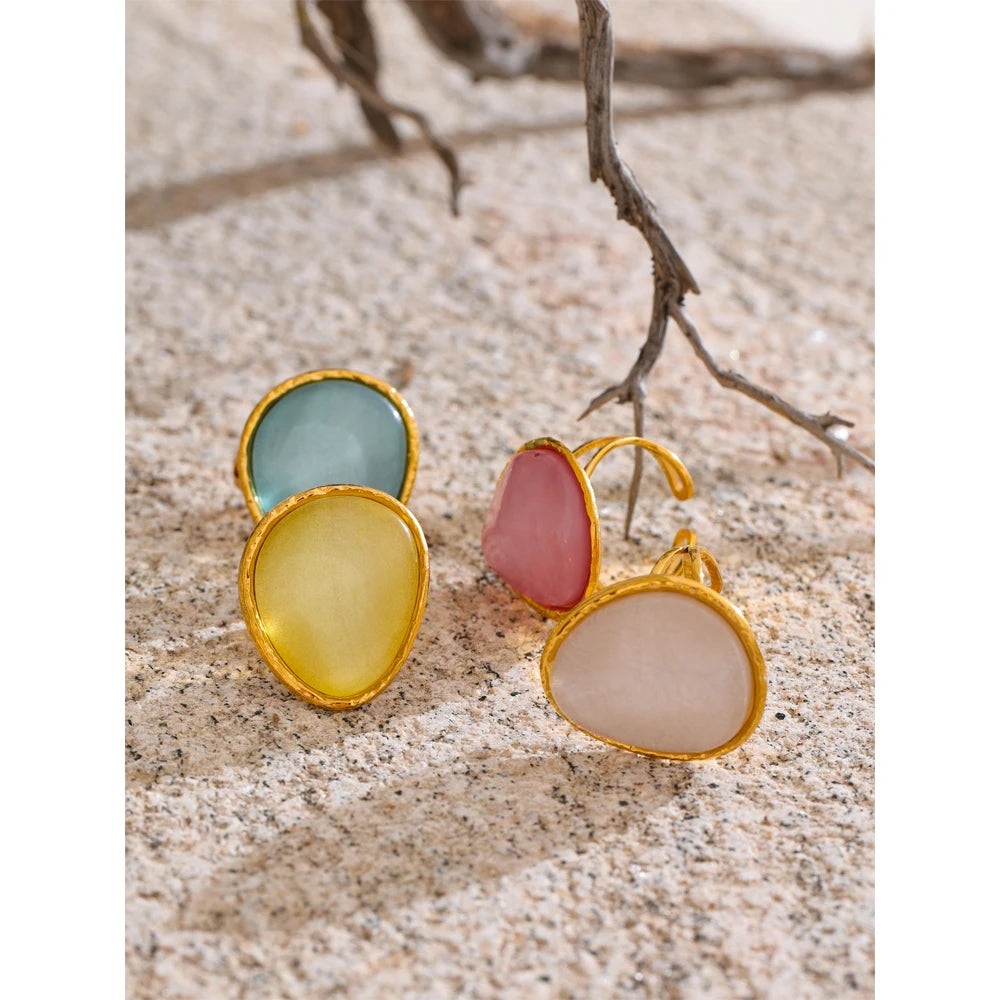 Yhpup Exquisite Candy Multi-Color White Pink Blue Yellow Resin Adjustable Ring Gold Color Stainless Steel Summer Jewelry Gift