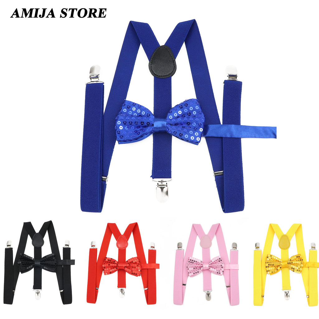 Unisex Shinning Sequins Bowtie Suspenders Sets For Mens Women Party Stage Performance Paillette Adjustable Tie Fashion Easy Lazy