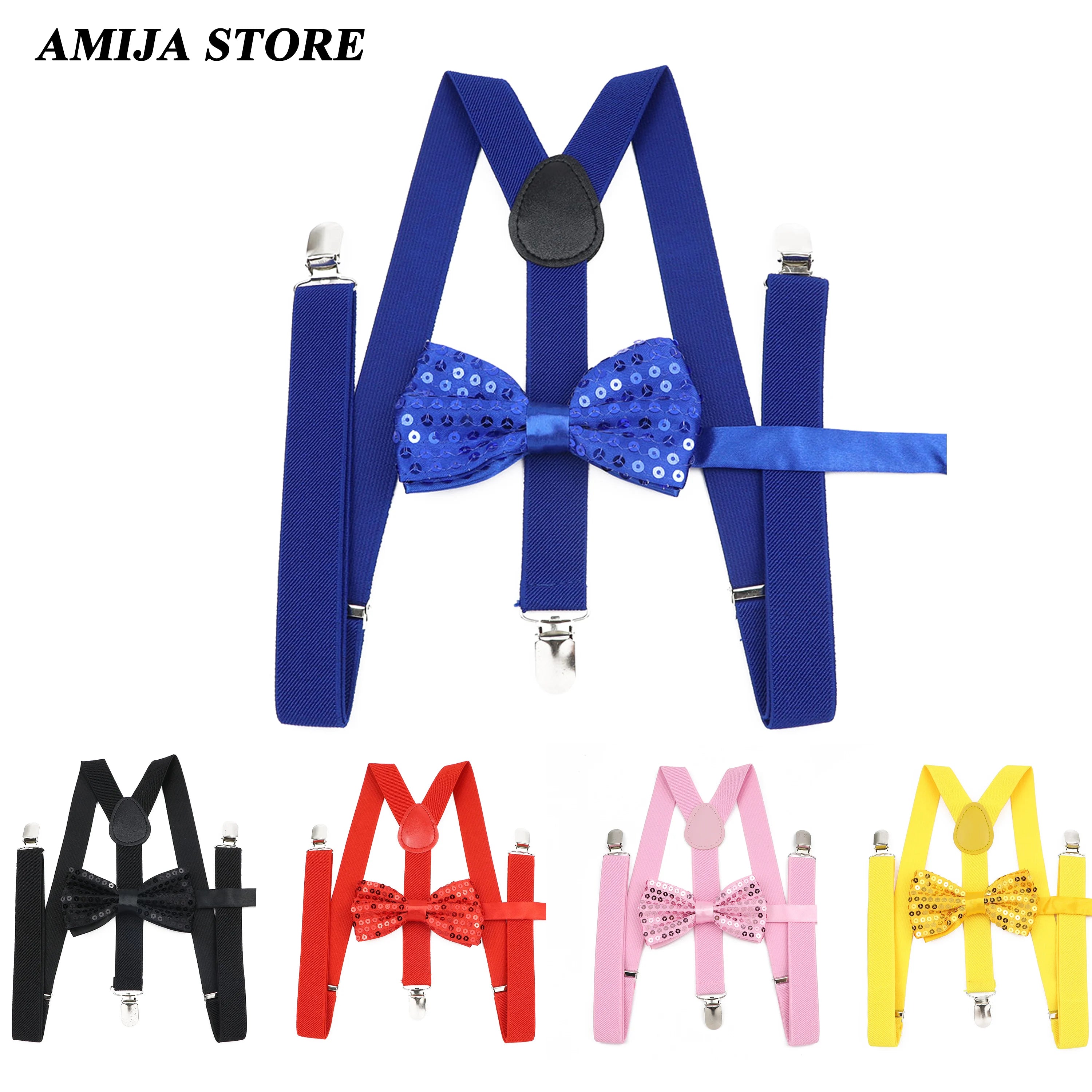 Unisex Shinning Sequins Bowtie Suspenders Sets For Mens Women Party Stage Performance Paillette Adjustable Tie Fashion Easy Lazy