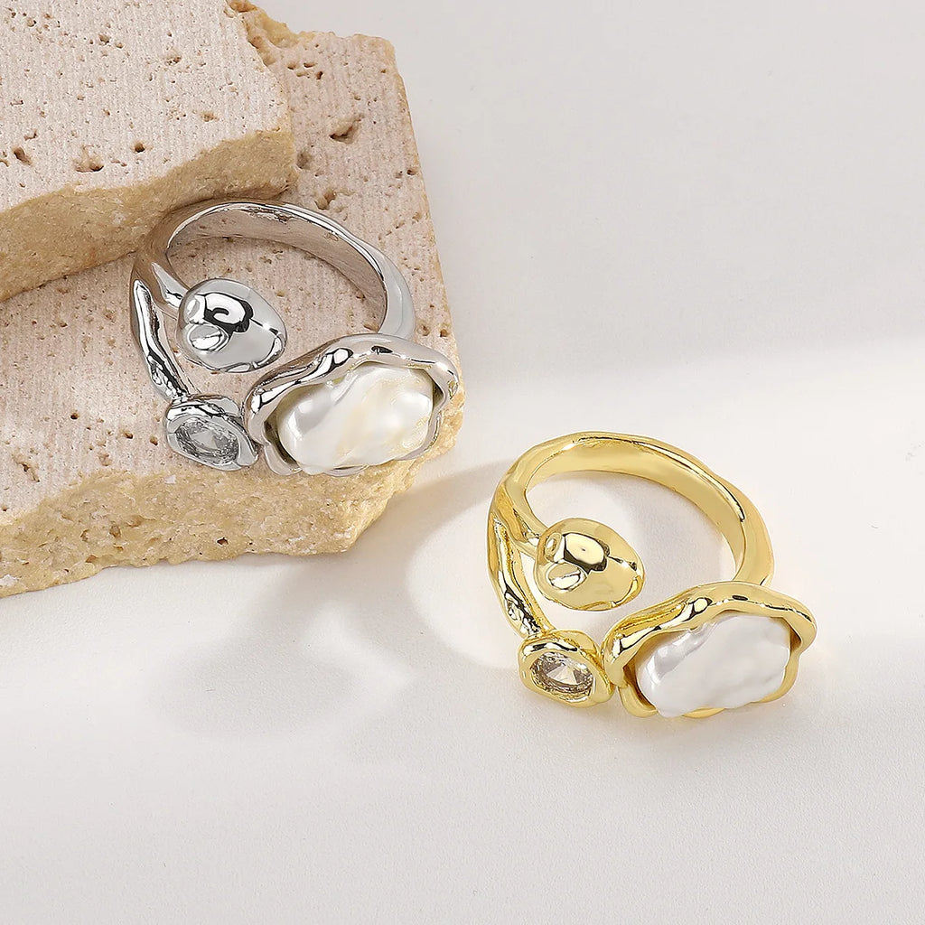 Vintage Baroque Pearl Ring Open Rings for Women 2025 Fashion Metal Irregular Geometric Pearl Ring with Zircon Wedding Jewelry