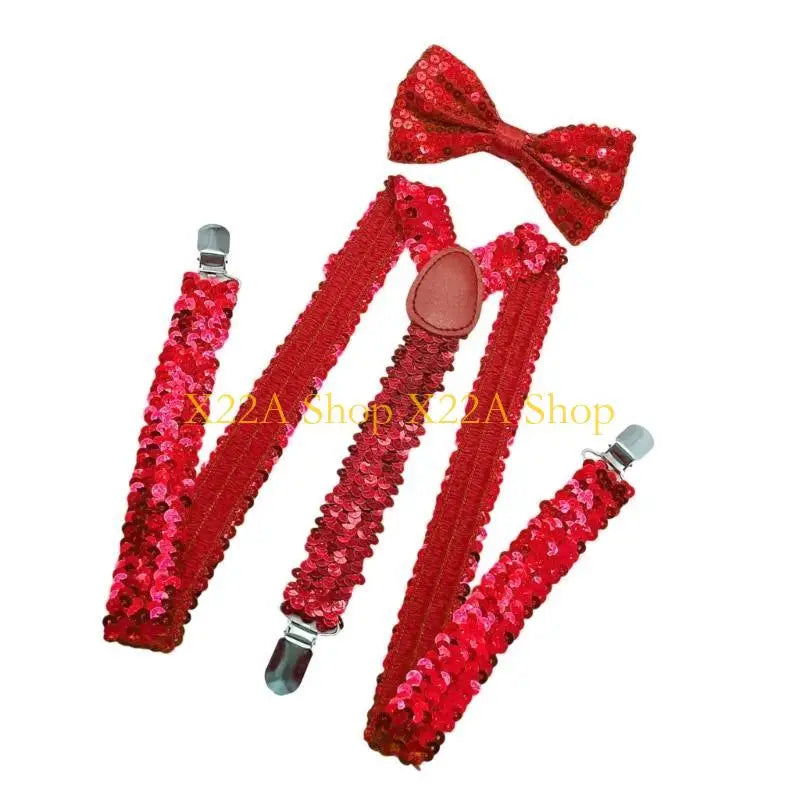Unique Shining Suspenders Bowtie Set Sequins Brace with Adjustable Straps and Metal Clip for Formal Occasion Stage Show Props
