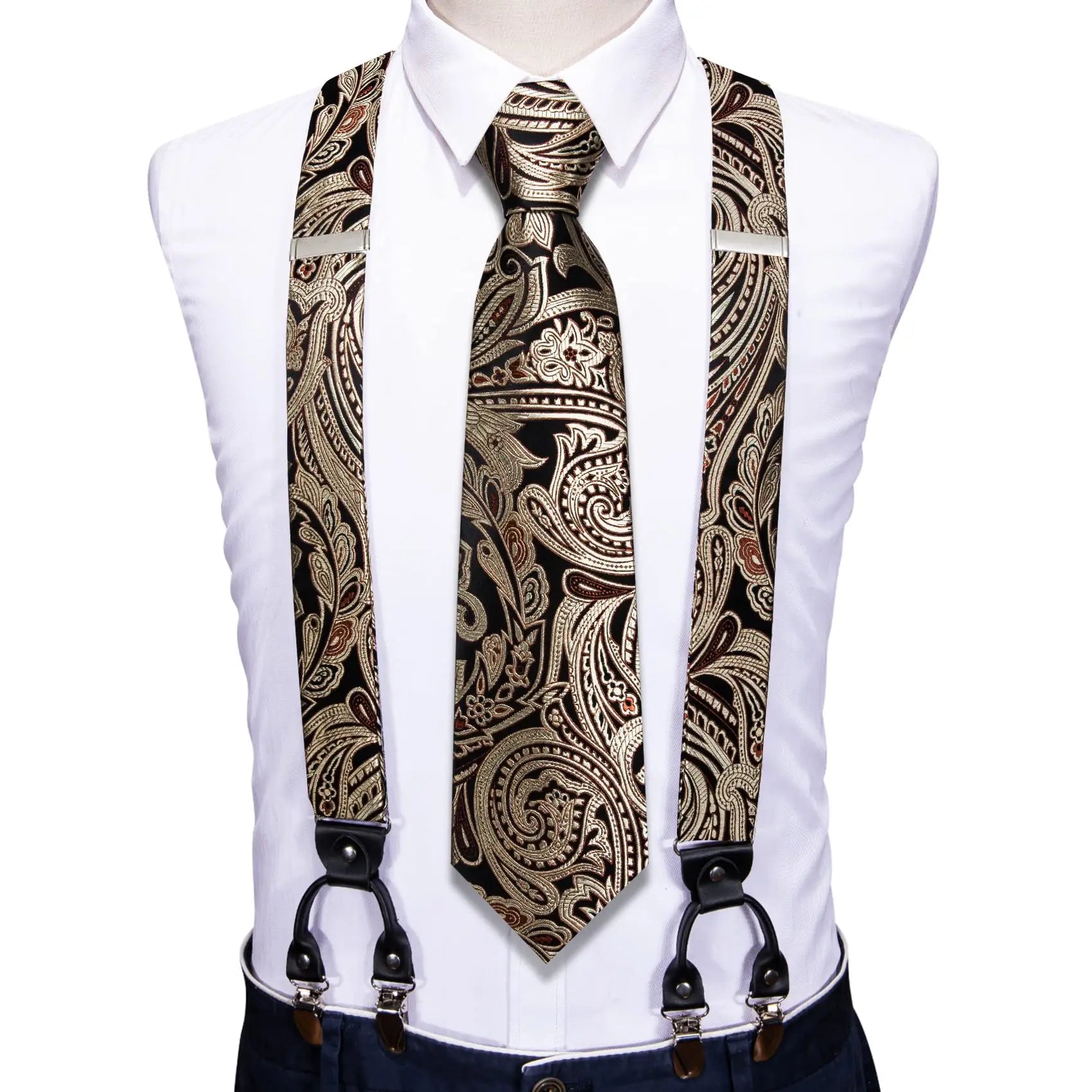 Barry.Wang Luxury Silk Mens Suspender Hanky Cufflinks Tie Set Adjustable Clip On Braces Self Necktie Male Wedding Business Gift