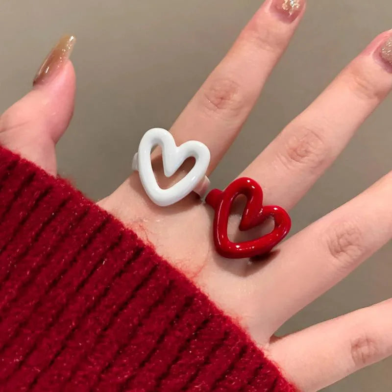 LATS White Red Enamel Heart Sweet Ring for Women Girls Trendy Geometric Dripping Oil Y2K Opening Rings Jewelry Gift Wholesale