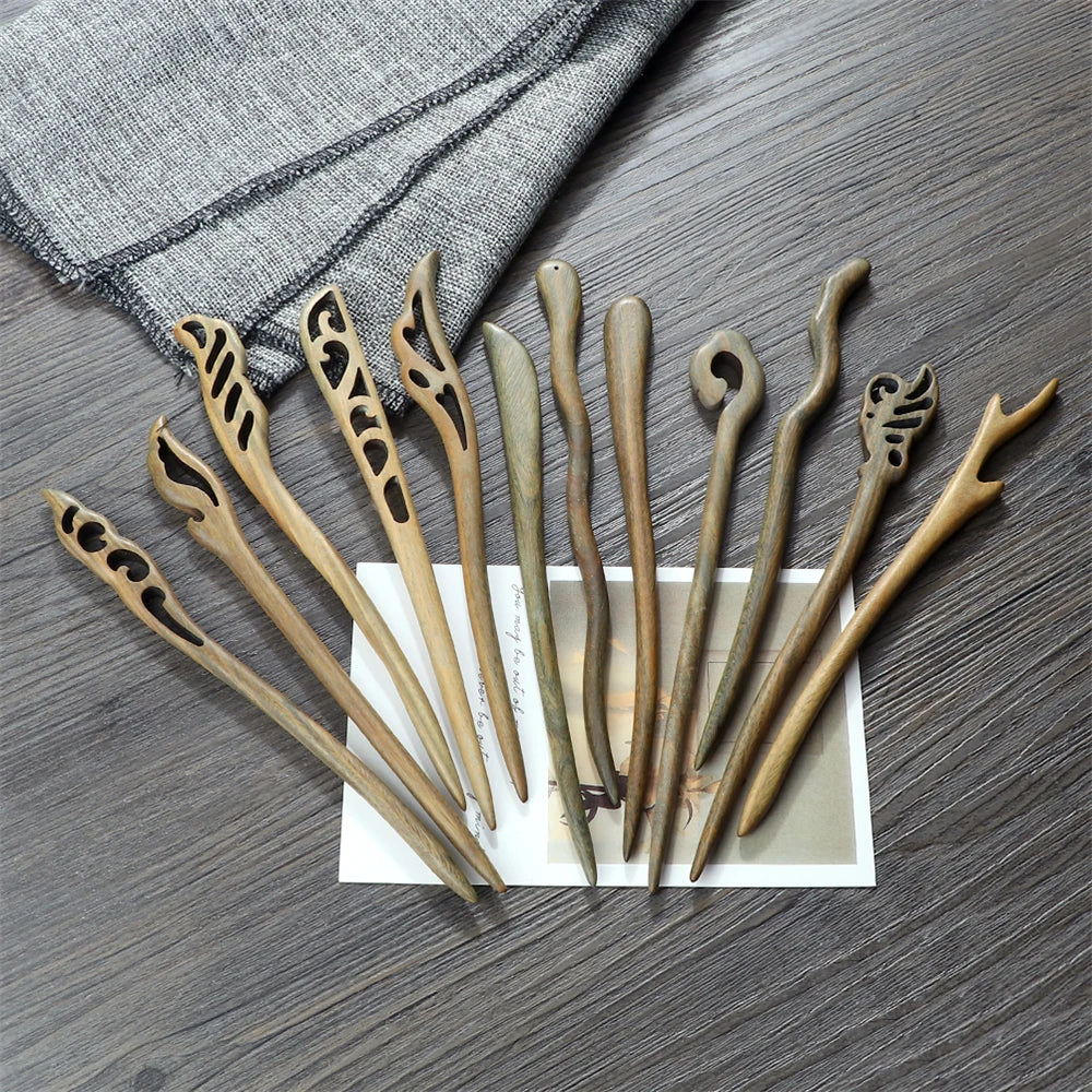 12 Styles Chinese Vintage Hairpins Green Sandalwood Ethnic Hair Sticks Women Girls High Quality Hairstyles Hair Accessories Gift