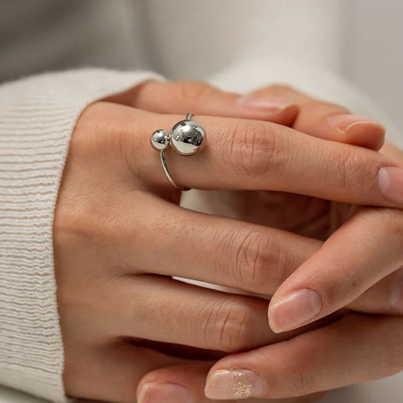 No Fade Stainless Steel Adjustable Open Spheres Anillo Wrap Double Ball Around Ring For Women Asymmetrical Jewelry Accessory