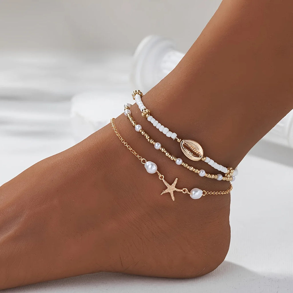 Women's Bohemian Style Beach Vacation Ankle Chains Three-Layer Foot Accessories with Rice Pearls Seashells And Starfish