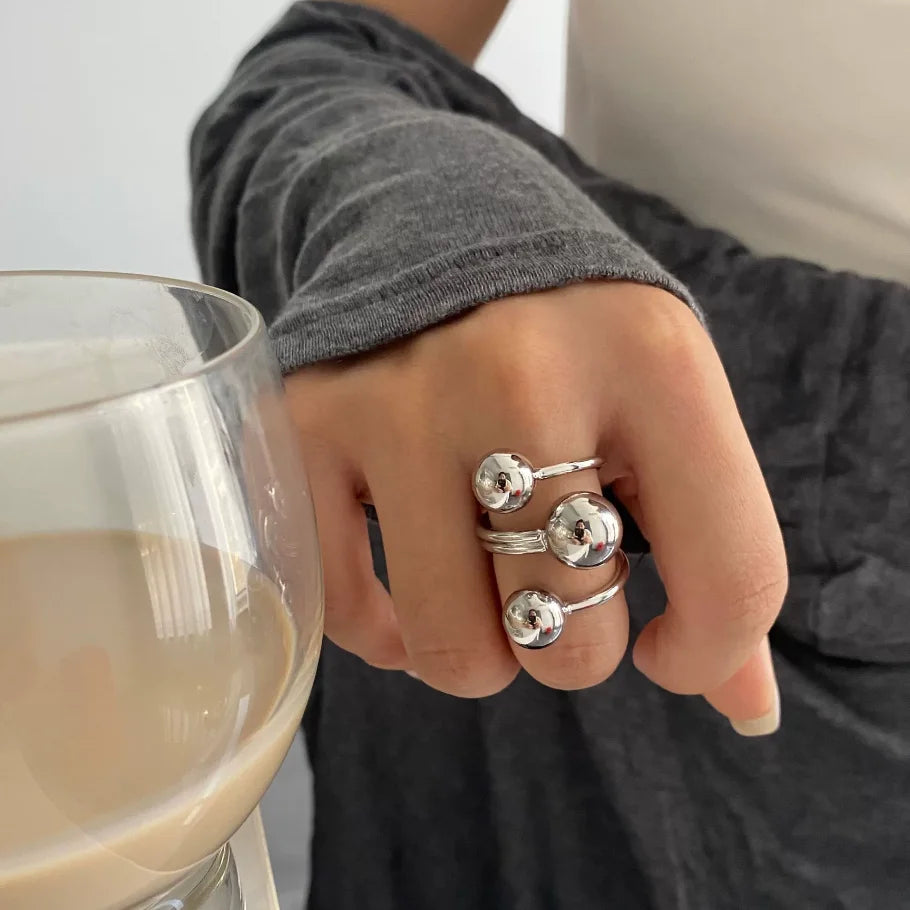 Exaggeration Punk Metal Personality Irregular Three-layer Design Ball-Shape Rings for Women Fashion Simple Adjustable Rings GIft