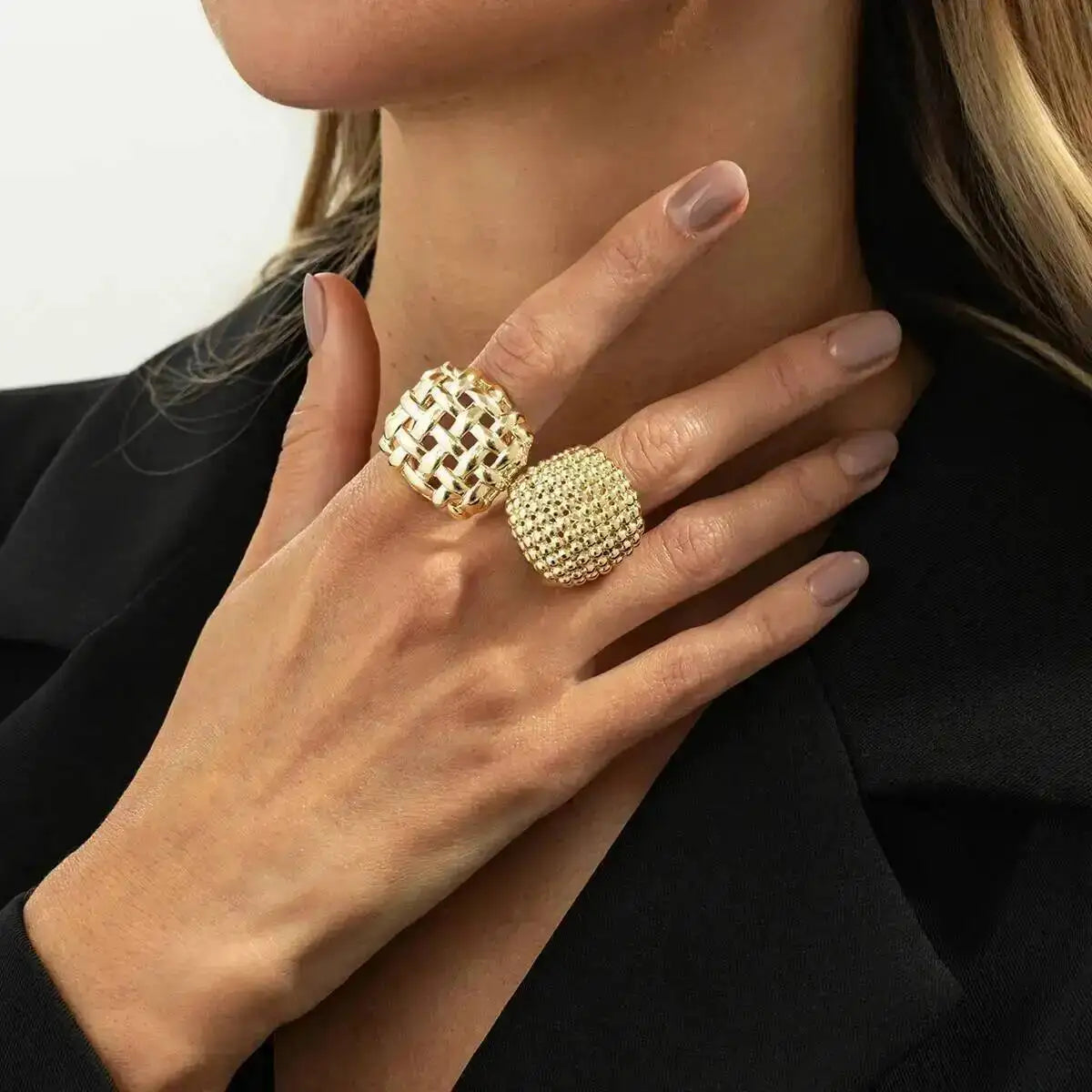 KunJoe 2Pcs/Set Luxury Geometric Adjustable Open Rings for Women Vintage Irregular Square Chunky Knuckle Ring Wedding Jewelry