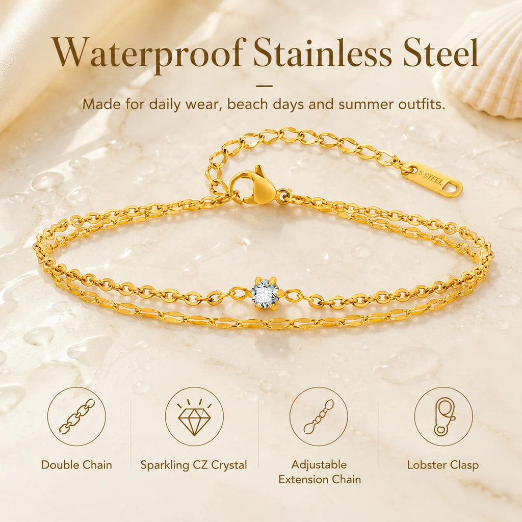 Waterproof Layered Anklet Bracelet for Women, Adjustable Gold Plated with Zirconia Stainless Steel Link Foot Chain Jewelry