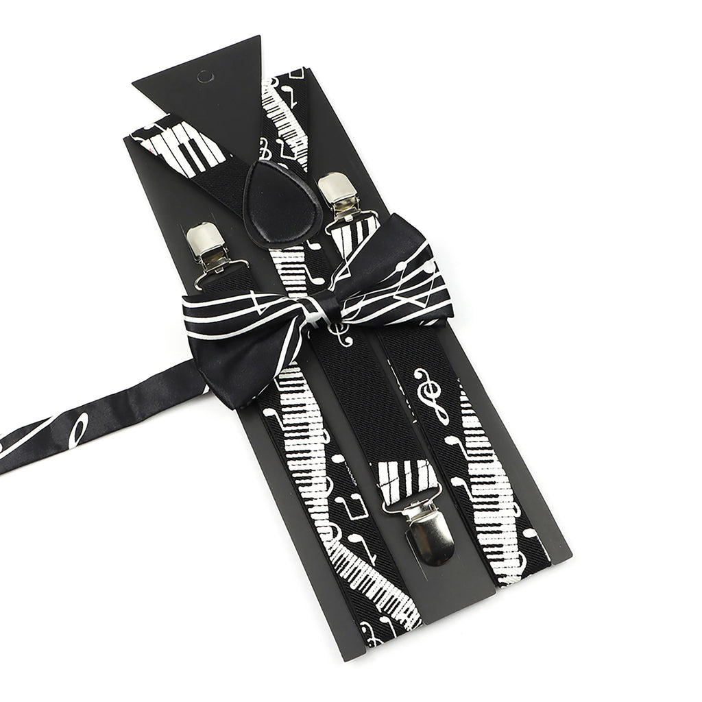 Novelty Musical Notes Printed Suspender Bowtie Sets For Men Kids Elastic Y-back Straps Butterfly Wedding Groomsman Accessory