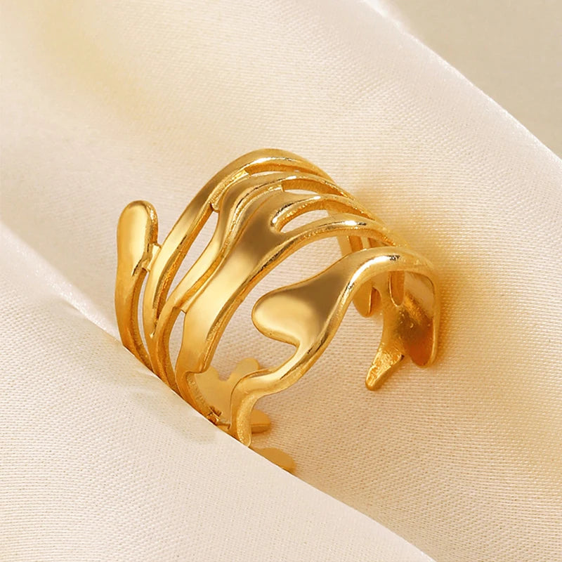 LATS Stainless Steel Lava Irregular Hollow  Ring for Women Metal Texture Waterproof Daily Simple Stylish Golden Rings Jewelry