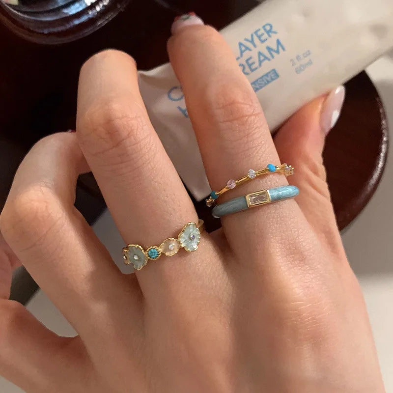PANJBJ 925 Sterling Silver Golden Flower Rings For Women Drip Glaze Plant Irregular Adjustable Sweet Jewelry Gift Dropshipping