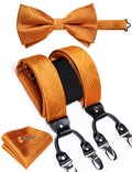 Fashion Men's Adjustable Suspenders Orange Paisley Pre-tied Bowtie Pocket Square Cufflinks Set for Wedding Party Business