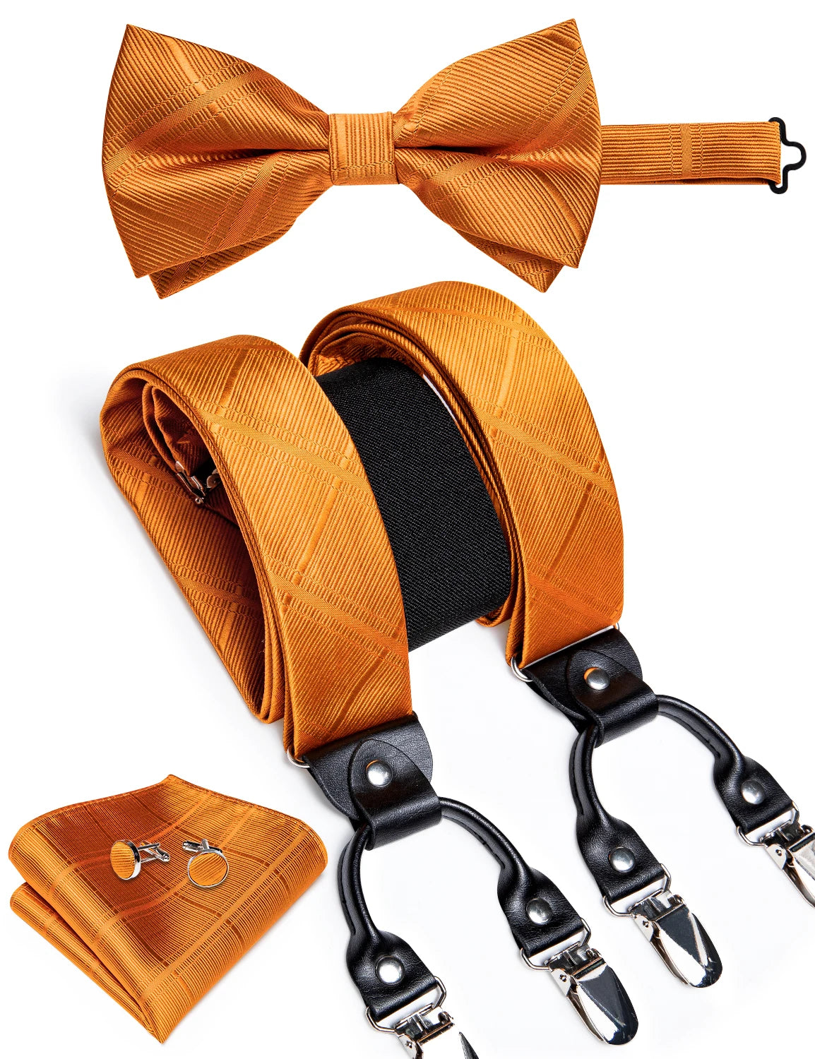Fashion Men's Adjustable Suspenders Orange Paisley Pre-tied Bowtie Pocket Square Cufflinks Set for Wedding Party Business