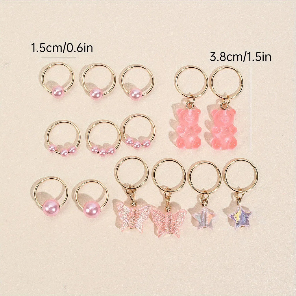 14pcs Cute Butterfly Bear Hair Braid Rings for Girls - Pearl Shaped Bead Clips - Essential Party Dress Accessories-Perfect Gift