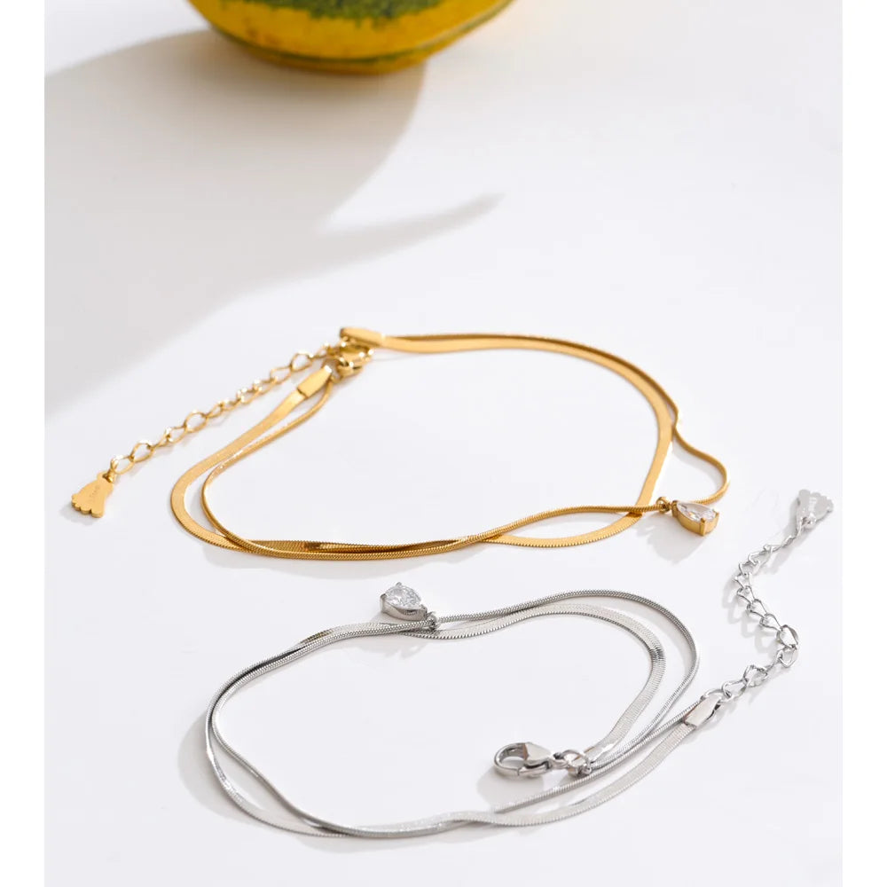 Yhpup Stainless Steel Zirconia Snake Chain Double Layer Anklet Exquisite Fashion Basic Casual Lightweight Jewelry Gift