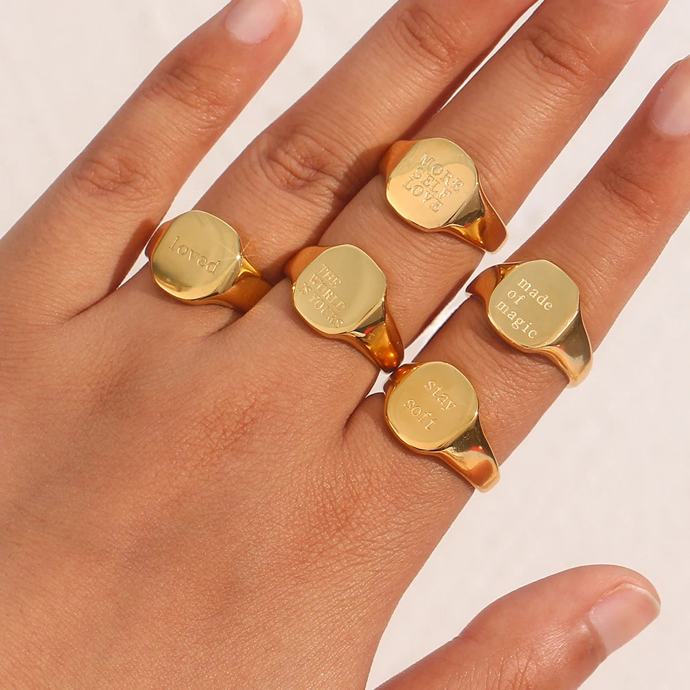 E.B.belle Engrave Jewelry Gift Minimalist Letter Word Suqare Stainless Steel Ring Water Resistant Gold Ring Plated For Women