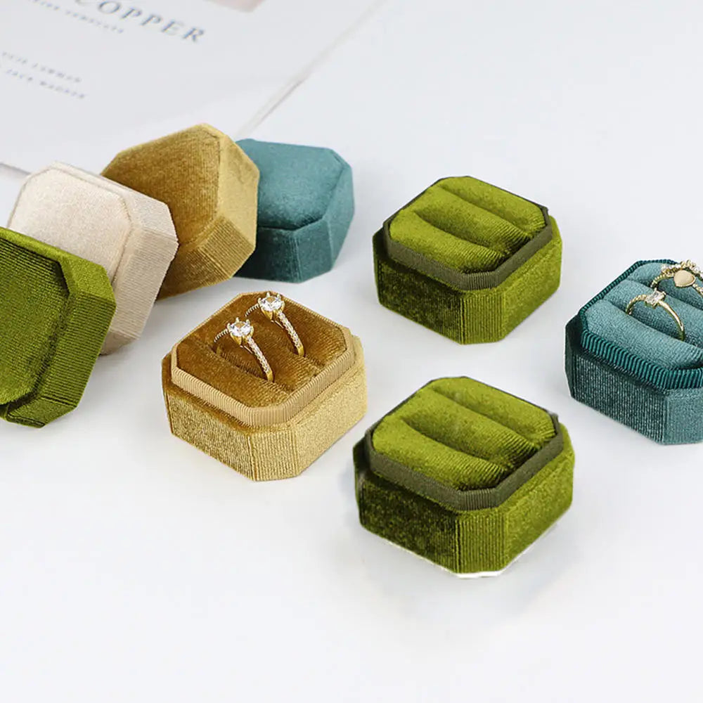 Vintage Octagon Square Velvet Single&Double Ring Box With Detachable Lid Earrings Proposal Wedding Ring Pendant Storage Box