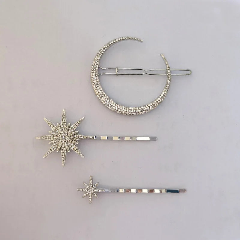 3 pieces Hairpin Set Jewelry Accessories Wedding Vintage Barrette Metal Crystal Rhinestone Star and Moon Pin Hair Clip for Women