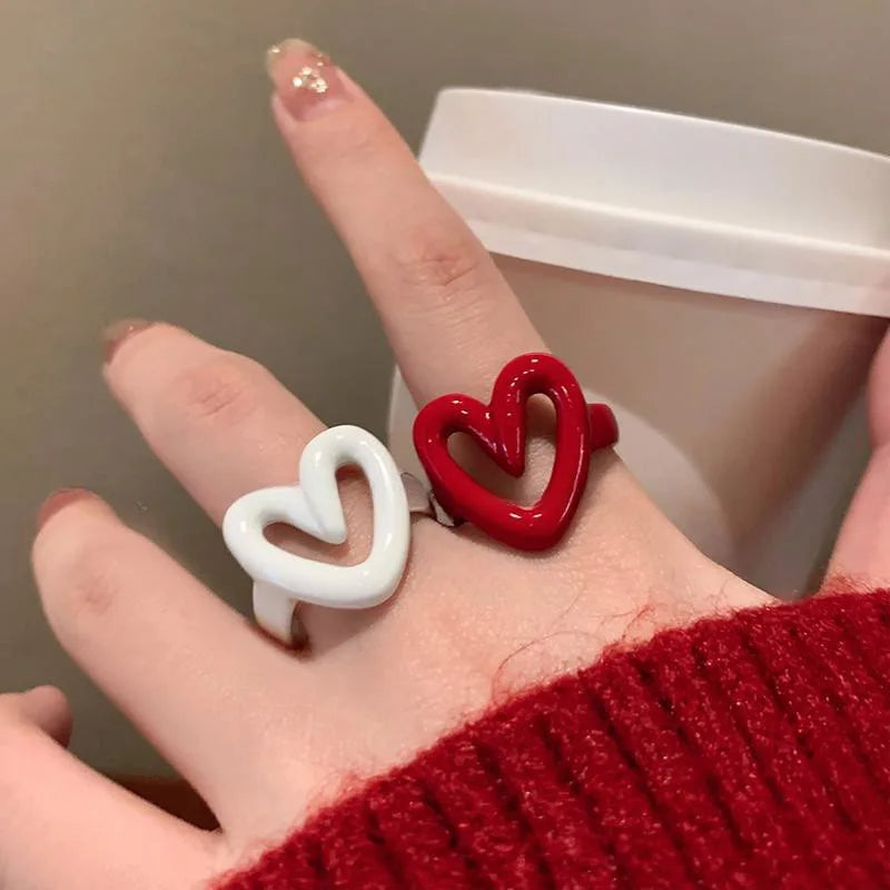 LATS White Red Enamel Heart Sweet Ring for Women Girls Trendy Geometric Dripping Oil Y2K Opening Rings Jewelry Gift Wholesale