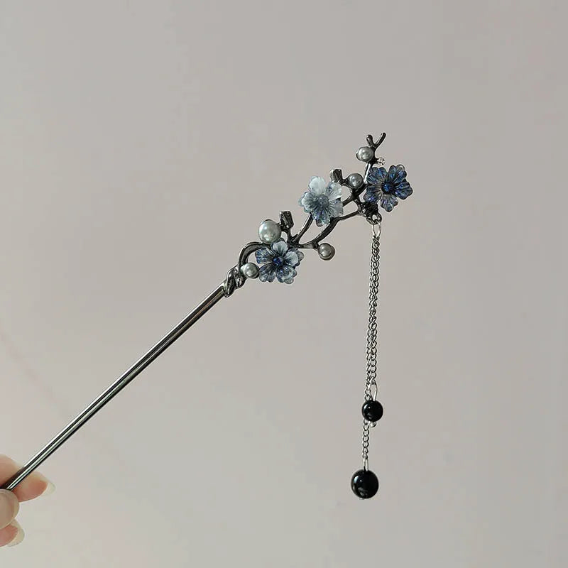 Ink Flower Tassel Hair Stick For Women Chinese Hanfu Hair Accessories Classic Cheongsam Decor Hairpin Retro Metal Hair Jewelry