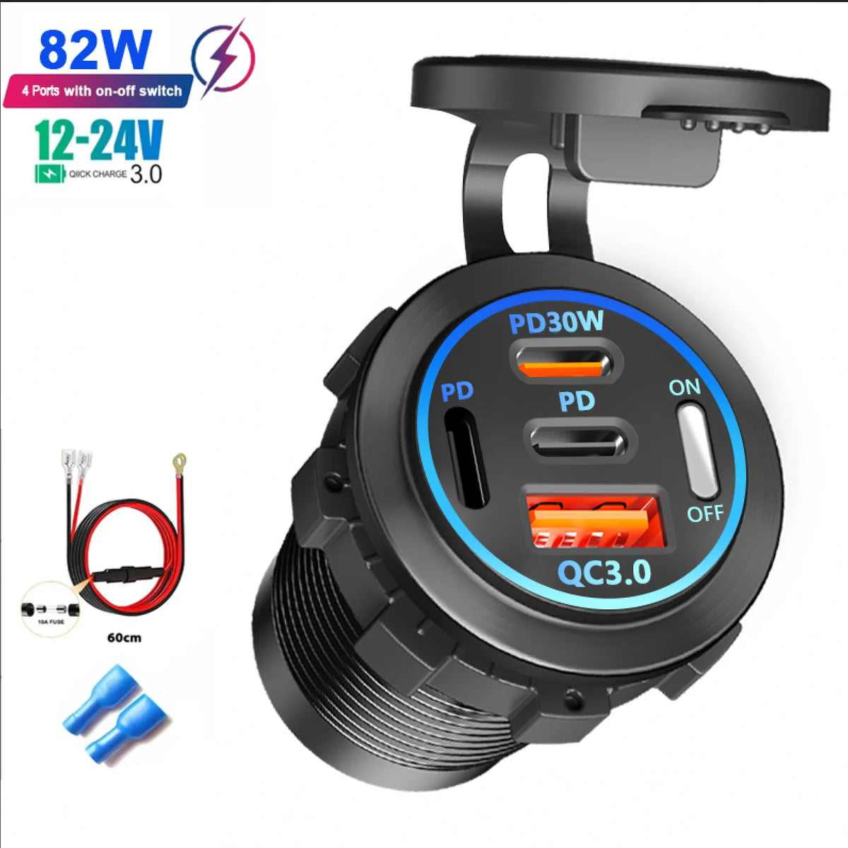 4-Port Car Charger – Dual USB & Type-C Fast Charging with Voltmeter