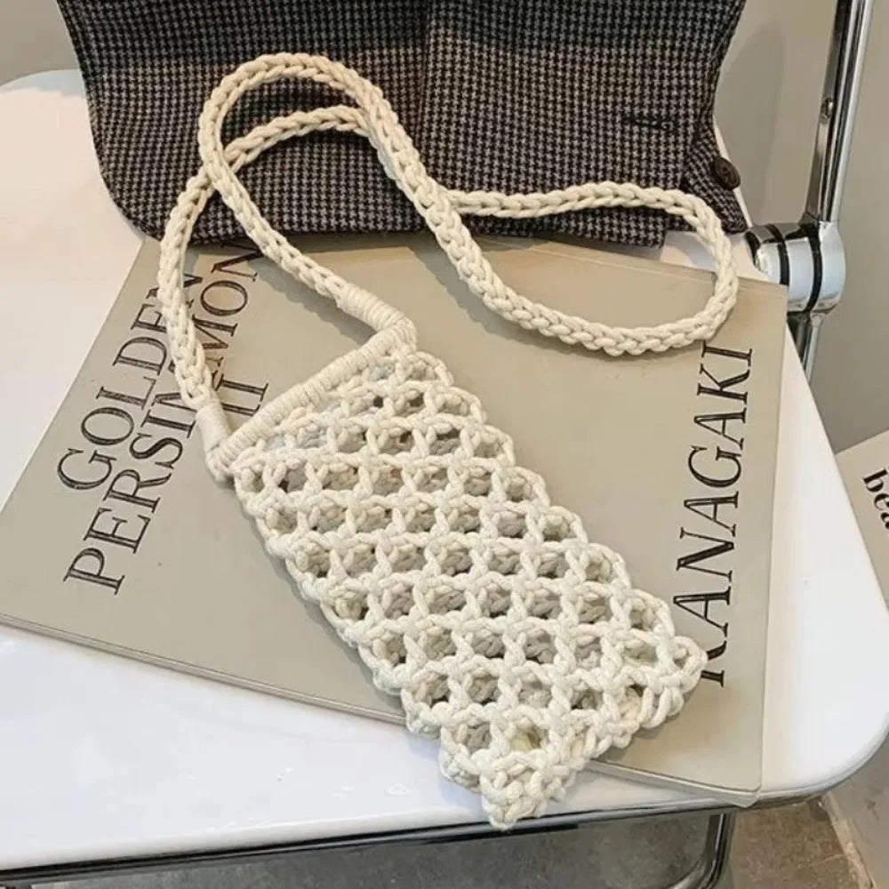 Hollow-out Woven Crochet Small Crossbody Phone Bag Women Fashion Solid Color Lightweight Braided Shoulder Handbag Crossbody Bags