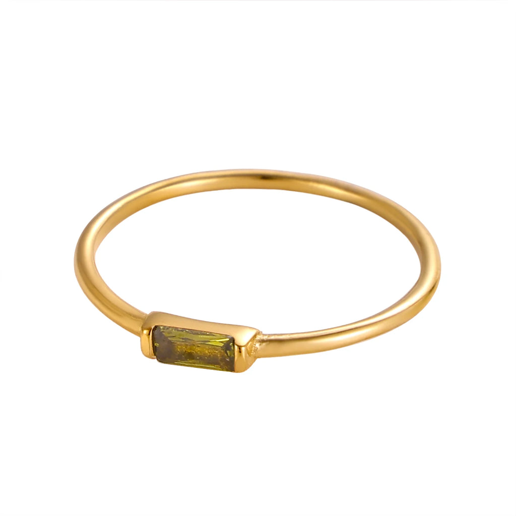 CARLIDANA Mimalist 18K Gold Plated Square Simple Colorful Zircon Stainless Steel 12 Months Birthstone Stackable Ring for Women