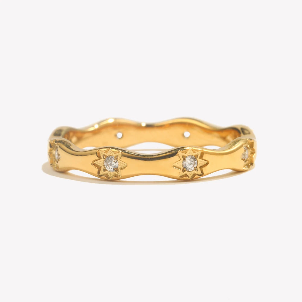 E.B.belle Rhinestone Eight Awn Star Wave Shape Ring  Stainless Steel 18k Gold Plated Exquisite Women Jewelry For Party Dating