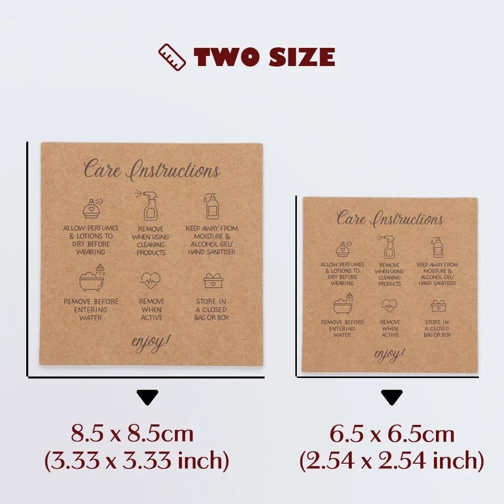 50PCS Printable Square White Brown English Care Instructions Card For Jewelry Making Necklace Care Inserts DIY Accessories
