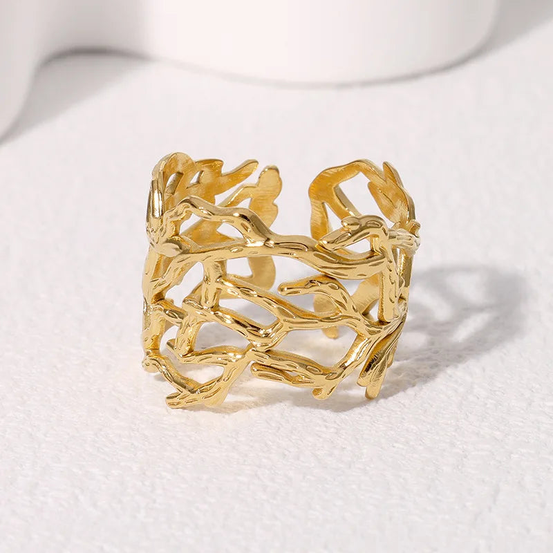 LATS Stainless Steel Lava Irregular Hollow  Ring for Women Metal Texture Waterproof Daily Simple Stylish Golden Rings Jewelry