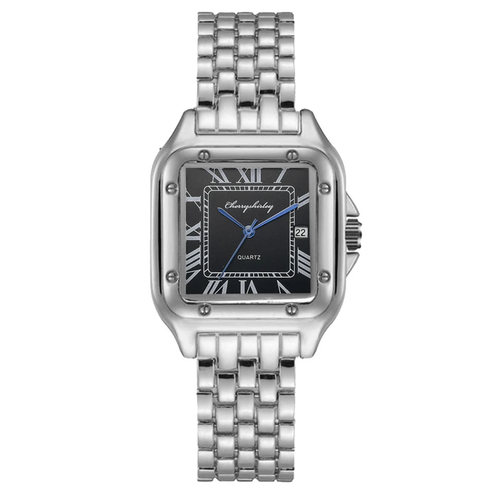 Luxury Branded Women Watches 2025 Simple Square Roman Calendar Women Quartz Watch Fashion Stainless Steel Strap Ladies Clock