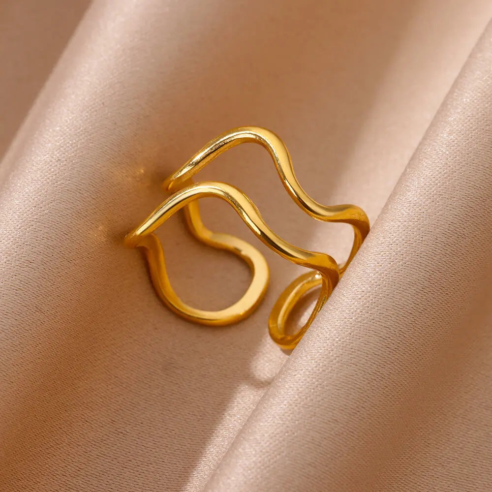 Irregular Geometric Chunky Opening Rings for Women Stainless Steel Gold Color Ring Aesthetic Wedding Waterproof Jewelry Gift