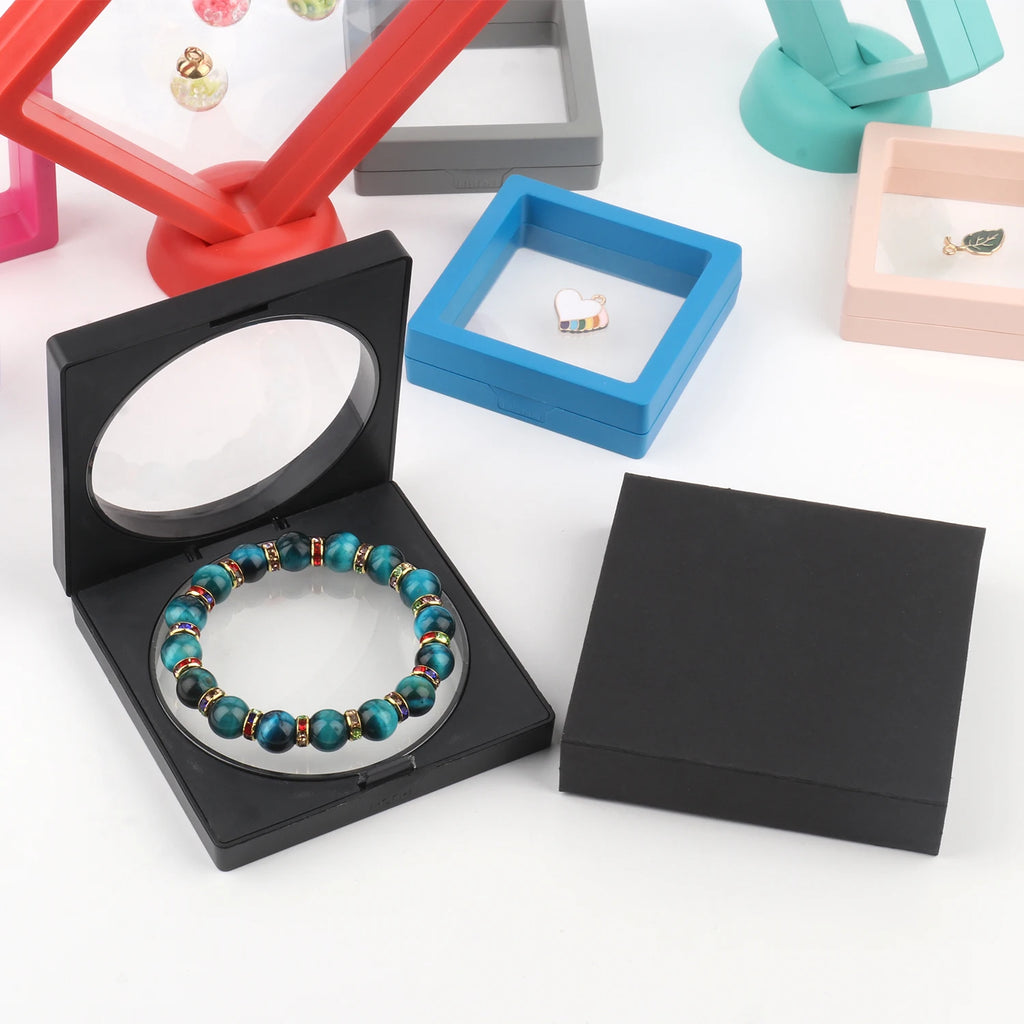 3D Floating Frame PE Film Jewelry Gemstone Storage Box Free Floating Bracket Frame Membrane Ring Earring Necklace Display Case