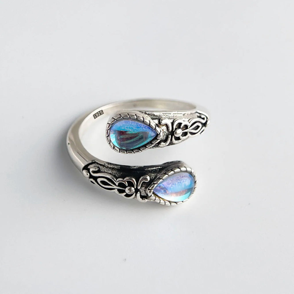 925 Sterling Silver Rings For Women Geometric Fine Jewelry Finger Adjustable Vintage BLue Stone Ring For Party Birthday Gift