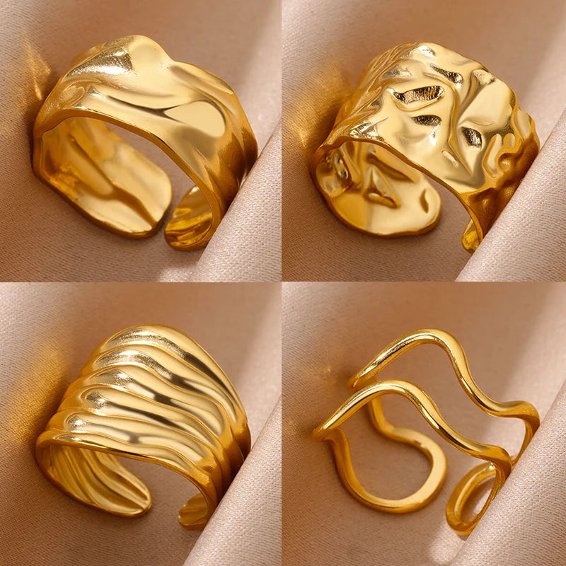 Irregular Geometric Chunky Opening Rings for Women Stainless Steel Gold Color Ring Aesthetic Wedding Waterproof Jewelry Gift