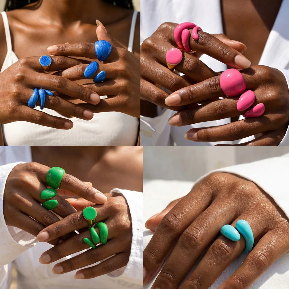 Chunky Open Twist Stackable Rings for Women, Blue Geometric Bold Enamel Crossover Statement Ring Band Waterproof