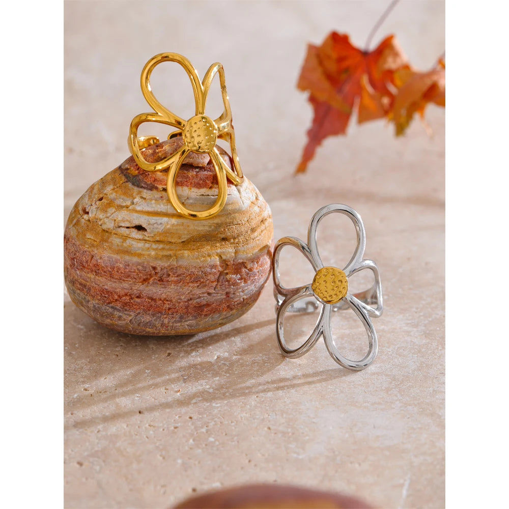 Yhpup Trendy Stainless Steel Metal Flower Adjustable Fashion Finger Ring Rust Proof Attractive Daily Jewelry Accessories Gift
