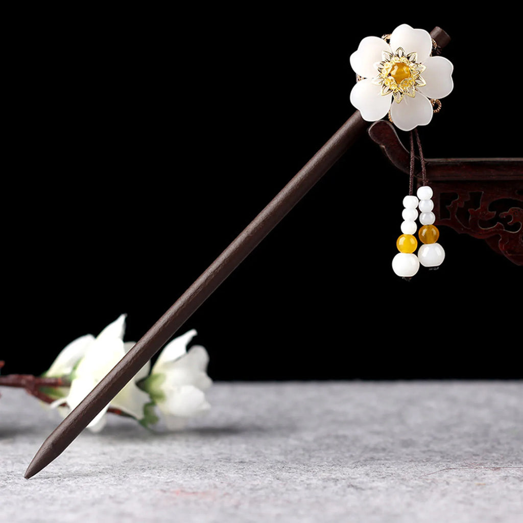 Ethnic Style Hairpin Chinese Hair Stick For Women Tassel Wooden Hair Clasp Chopstick Vinatge Tiara Pearl Floral Hair Bun Jewelry