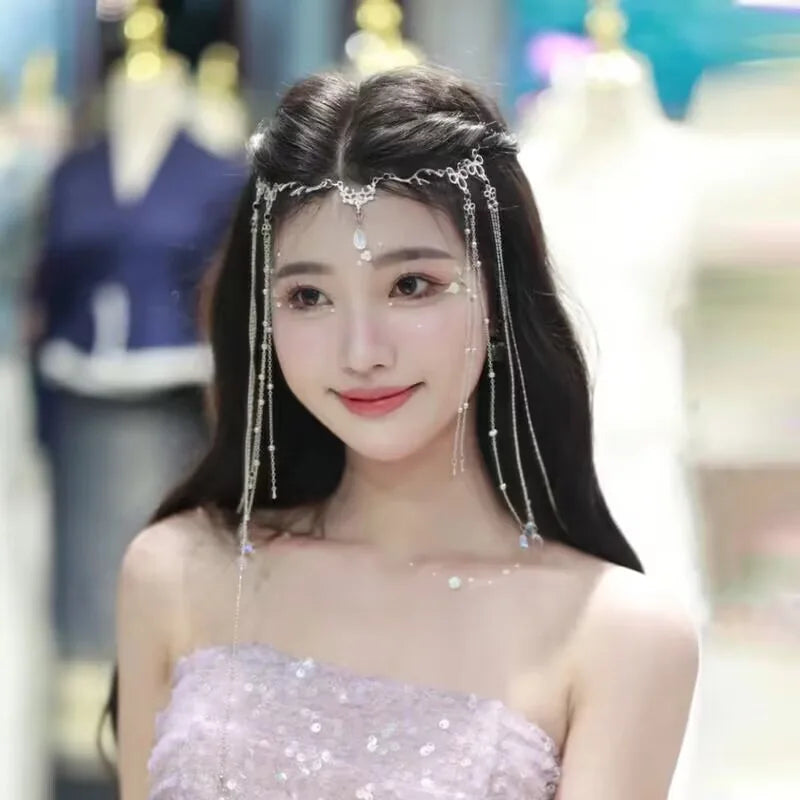 Rhinestone Fringed Forehead Chain Shiny Crystal Fairy Headdress Bridal Romantic Oriental Wedding Hair Accessories Jewelry Gifts