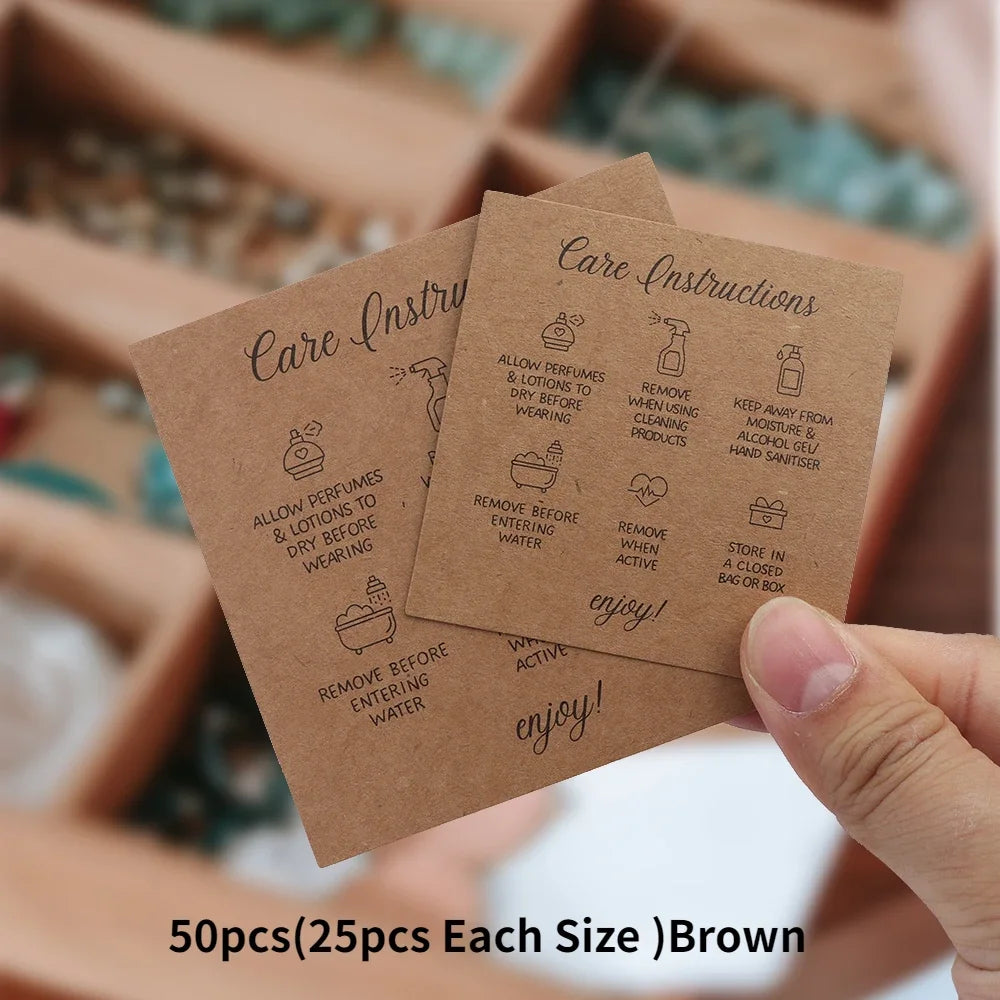 50PCS Printable Square White Brown English Care Instructions Card For Jewelry Making Necklace Care Inserts DIY Accessories