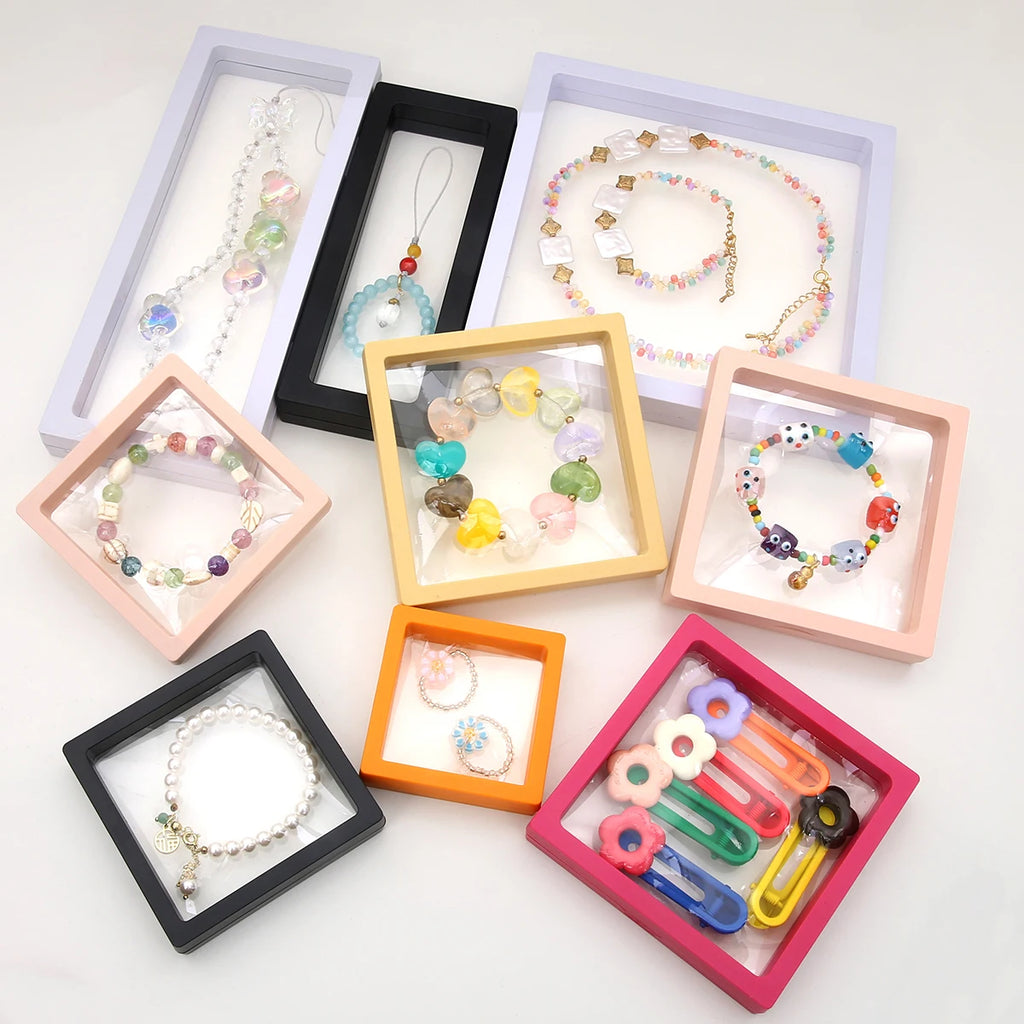 PE Film Colorful Jewelry Storage Box 3D Packaging Case Gemstone Free Stand Floating Frame Membrane Ring Earring Necklace Display