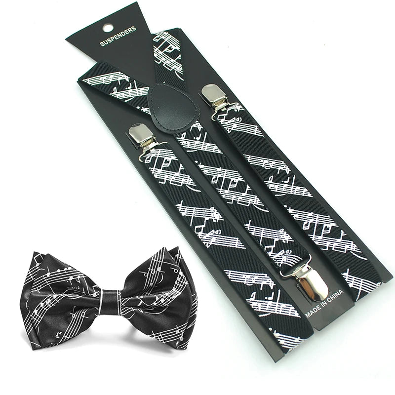 Unisex Y-Shape Suspender Bowtie Set Score Line Music Note Office Casual Braces for Trousers Pants Holder Top Mix Match Women Men