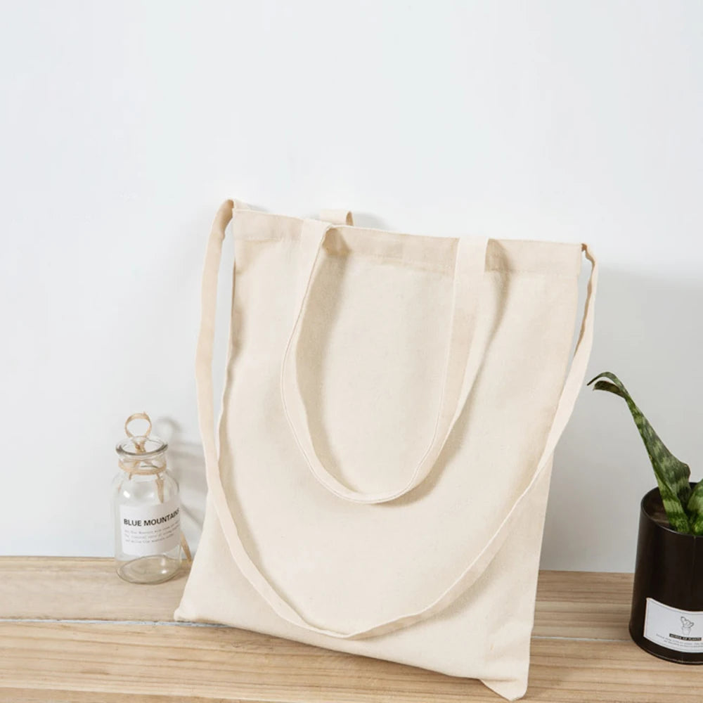 Women Canvas Shoulder Bag Solid Color Casual Tote Bag Reusable Large Capacity Cotton Handbag Shopping Beach Bag Beige/White