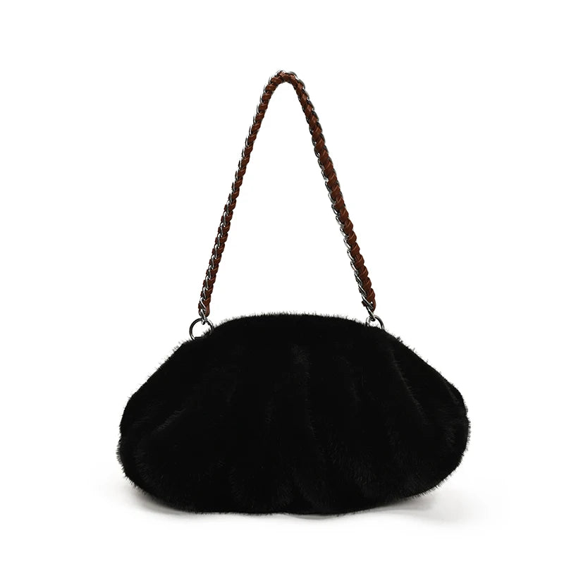 MOODS Pleated Design Faux Fur Shoulder Bags For Women 2024 Luxury Designer Purses And Handbags Winter Warm Soft Plush Hobo Bags