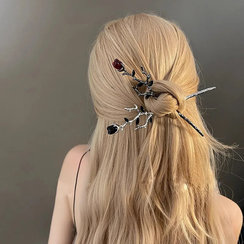 Hallow New Hairpin Hair Sticks Minimalist Red Gothic Rose Trendy Metal Hair Accessories Headwear Hairstyle for Women Jewelry H71