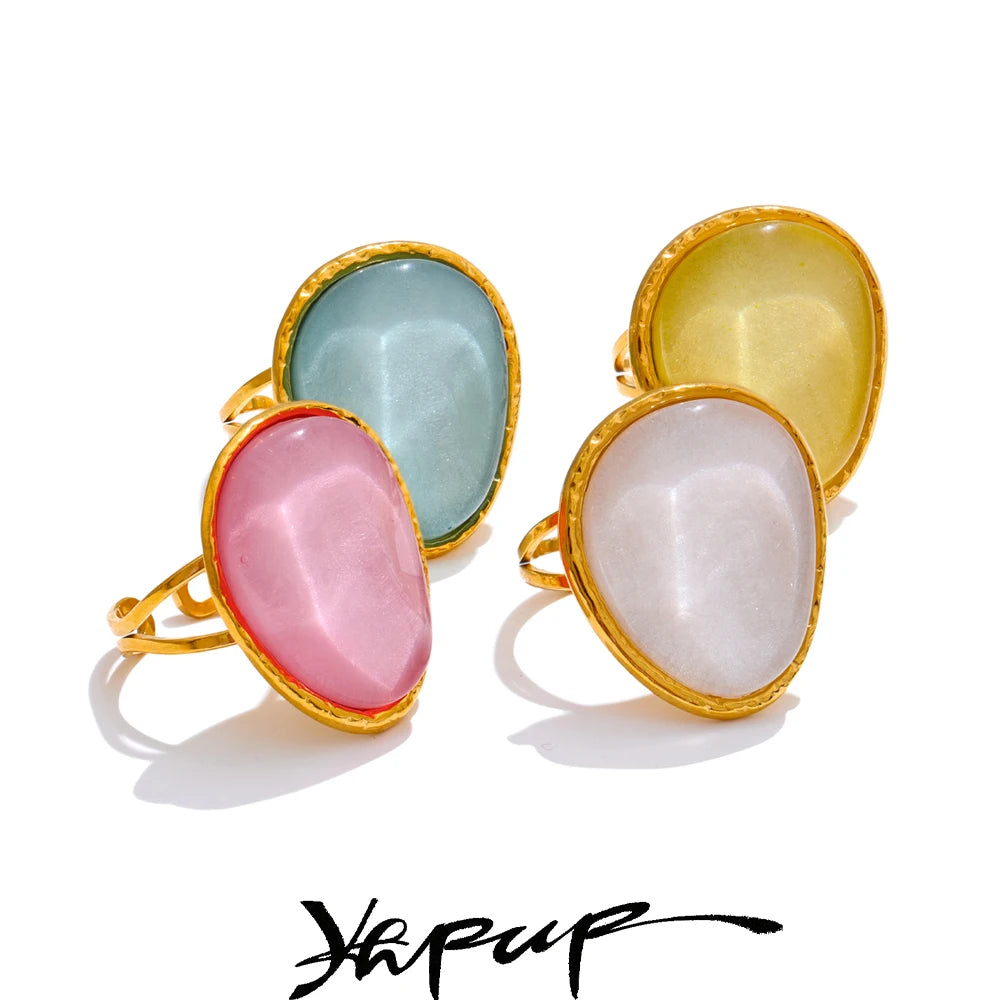 Yhpup Exquisite Candy Multi-Color White Pink Blue Yellow Resin Adjustable Ring Gold Color Stainless Steel Summer Jewelry Gift