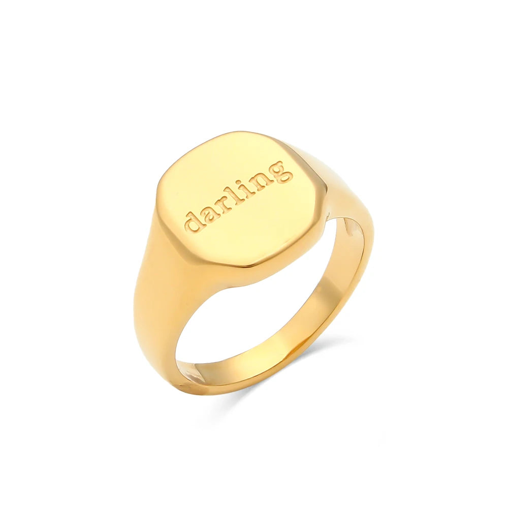 E.B.belle Engrave Jewelry Gift Minimalist Letter Word Suqare Stainless Steel Ring Water Resistant Gold Ring Plated For Women