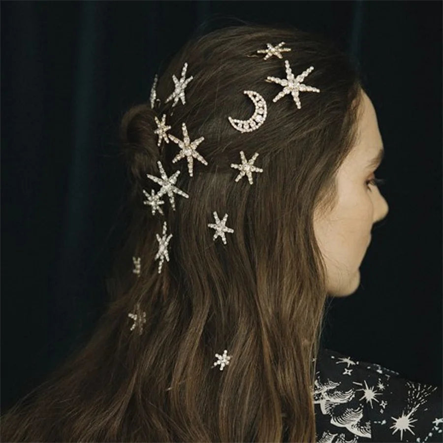 New Geometric Stars Moon Rhinestone Hair Clip Set Snowflake Star bride Hairpins Women Side Clip Hair Barrettes Hair Accessories